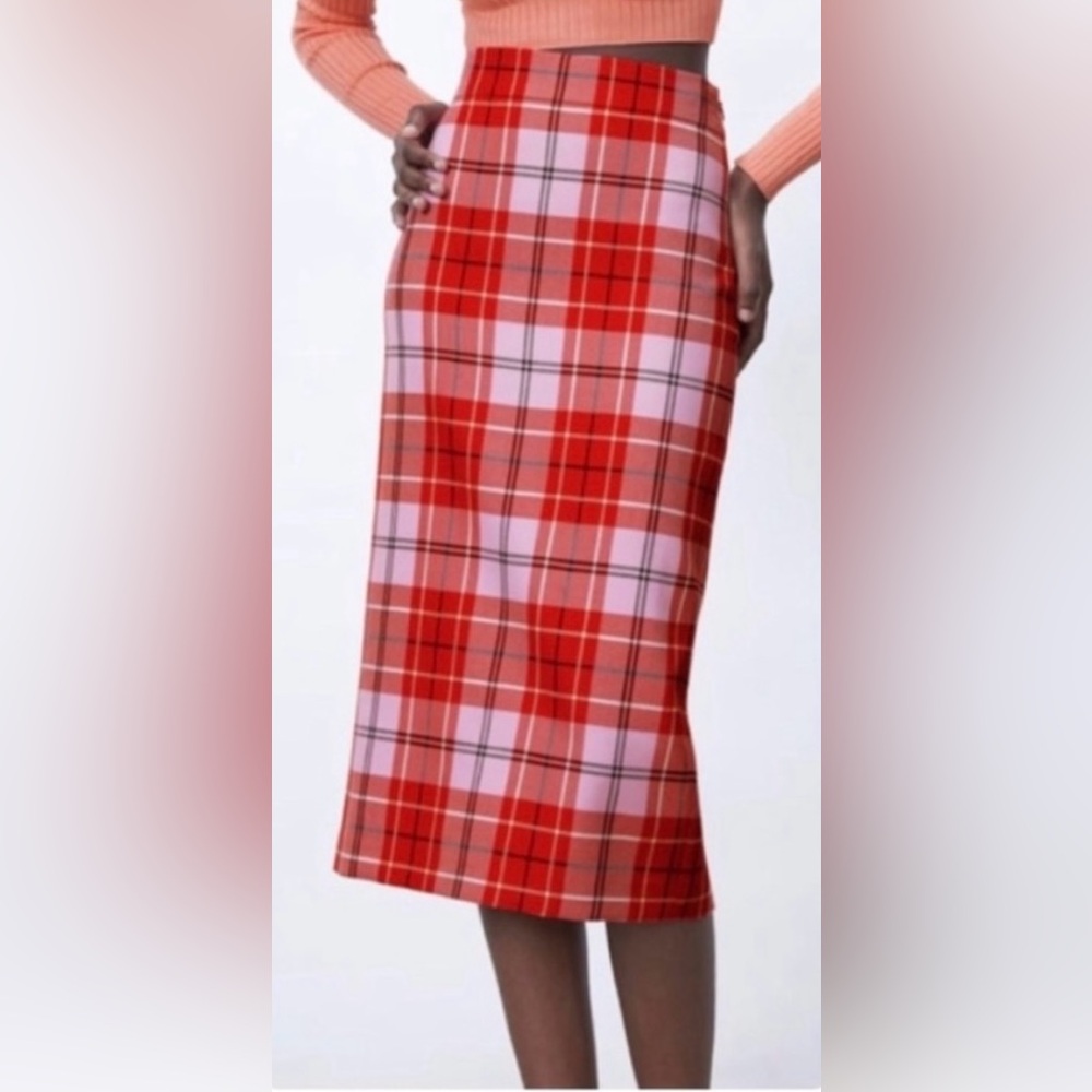Zara Red and Pink Plaid Midi Pencil Skirt